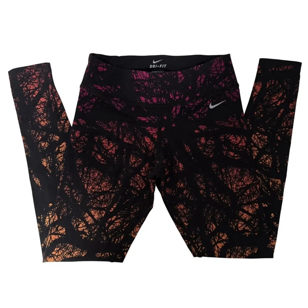 Nike Dri-Fit Women's‎ Running Leggings Black Orange Pink Abstract Tree Size S